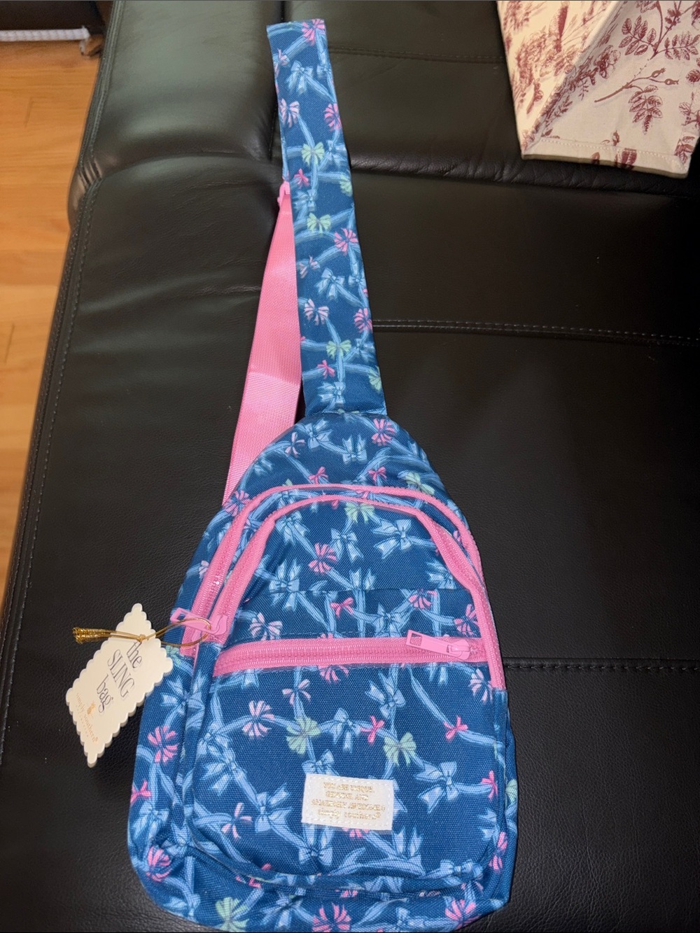 Blue Floral Crossbody Sling Bag with Pink Accents